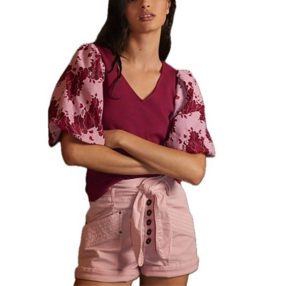 Dolan Puff Sleeve Top Medium Red Pink Lace Mixed Media V-Neck Ribbed Ribbed